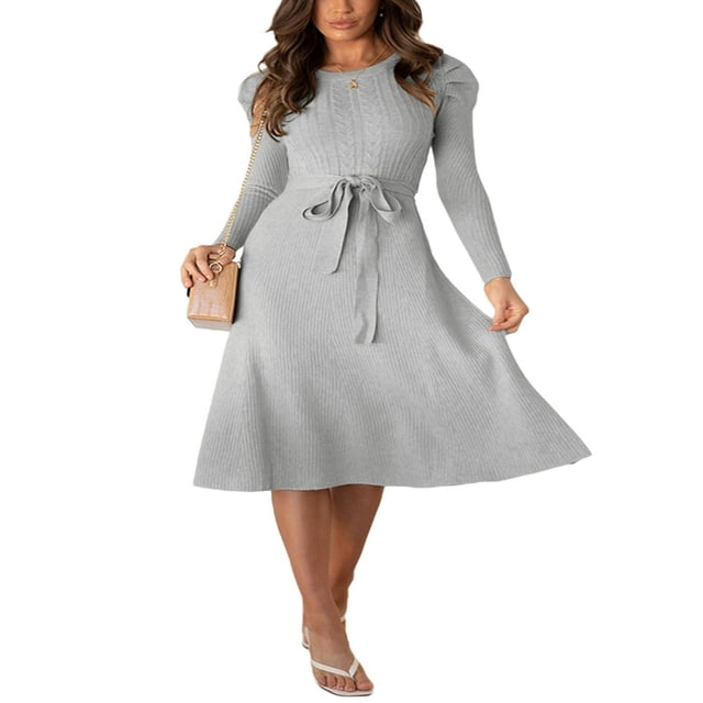 Femmes Manches Longues Tricot Midi Robe Unie Cravate Ceinturée Pull Tricot Robe A-Ligne Midi Robes