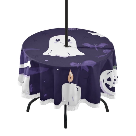 Round Outdoor Tablecloth 60 Inch Dining Table Cover with Lace Trim & Umbrella Hole for Outside Party Camping Cute Halloween Ghost