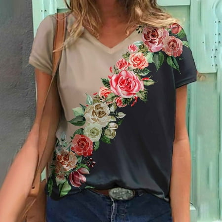 

Wenini Short Sleeve T Shirts for Women v-neck T Shirts Fashion Versatile Summer Casual Basic Tops Tees Tie Printing Shirts Loose Fit Tees Blouses Hot Style Gifts for Ladies