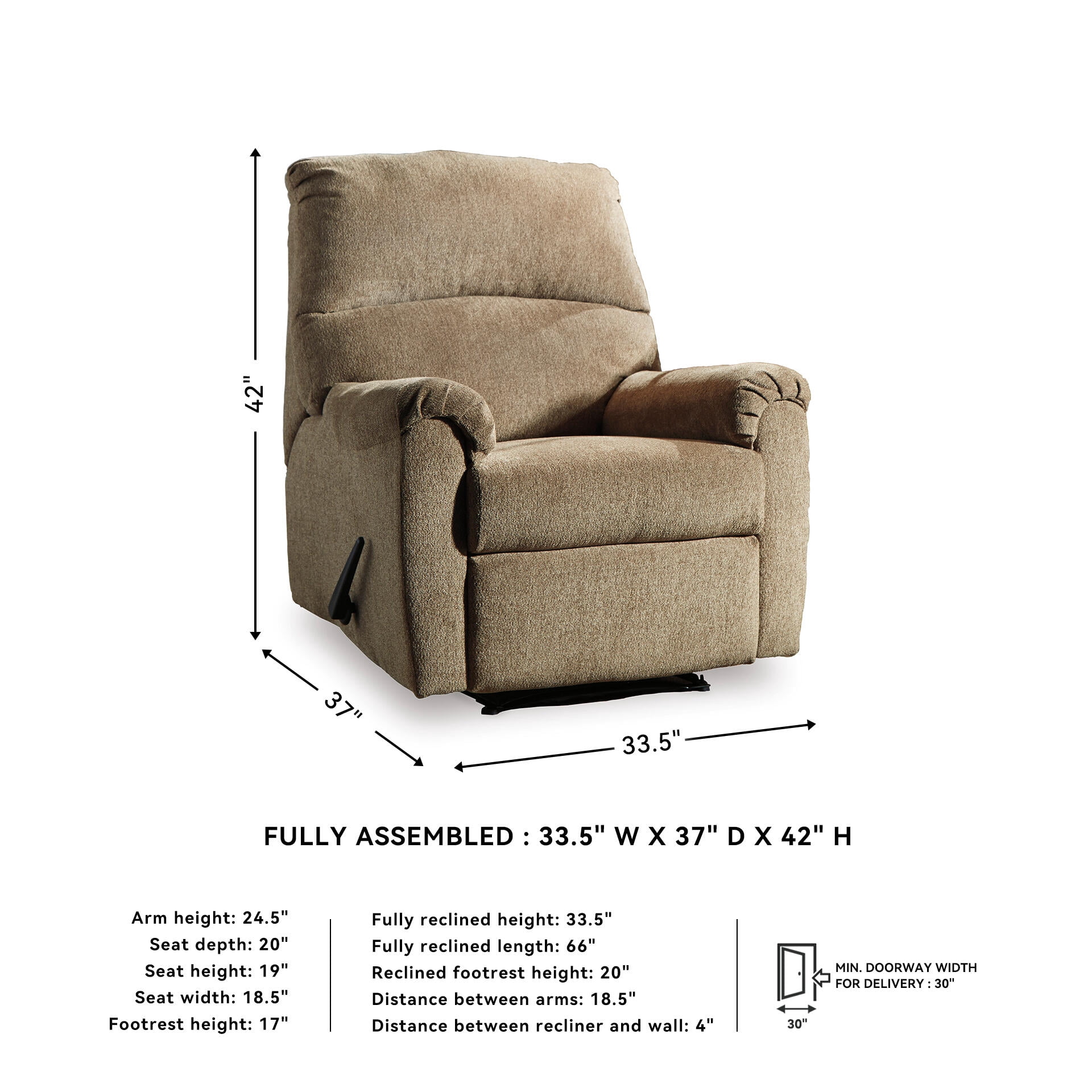 Signature Design by Ashley Nerviano Zero Wall Recliner, Mocha Textured Fabric, Space-Saving Wall Hugger Reclining Chair for Small Spaces Living Room