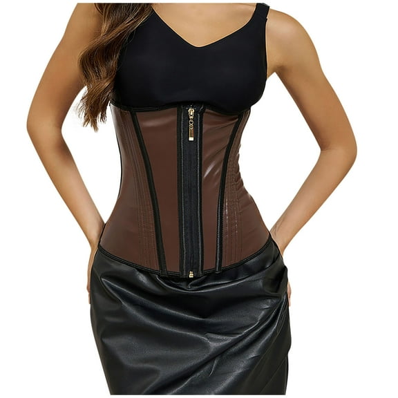 Waist Cincher Corset for Women Faux LeatherHourglass Body Shaper with Zipper Khaki S