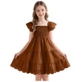 thumbnail image 3 of Gubotare Girls Tulle Dress Girls Summer Dress Square Neck Short Sleeve Crossover Waist Casual A-line Mini Dress 4T 5T (Brown,4-5 Years), 3 of 7