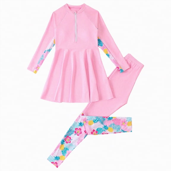 mgoYE Girl Swimsuit Size 14-16 Girls Rash Guard Two Pieces Swimsuit Long Sleeve Bathing Suit(Pink,14-15 Years)