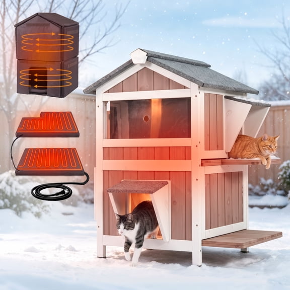 Aivituvin Heated Outdoor Cat House for Outside, 2-Level Insulated Cat Shelter, Weatherproof Feral Cat House for Winter, White & Brown
