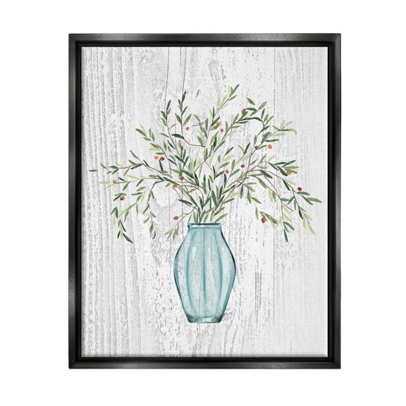 Stupell Industries Botanical Bouquet Vase Hanging Leaves Grain Pattern Graphic Art Jet Black Floating Framed Canvas Print Wall Art, Design by Ziwei Li