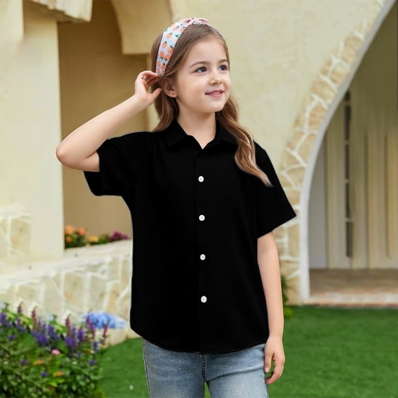 CCRFTGI Girls Uniform Shirts Size 8 Short Sleeve Casual Button Down Dress Shirt for Kids Back To School Cute Girls Clothes Classic Summer T-Shirts Black 5-6 Years