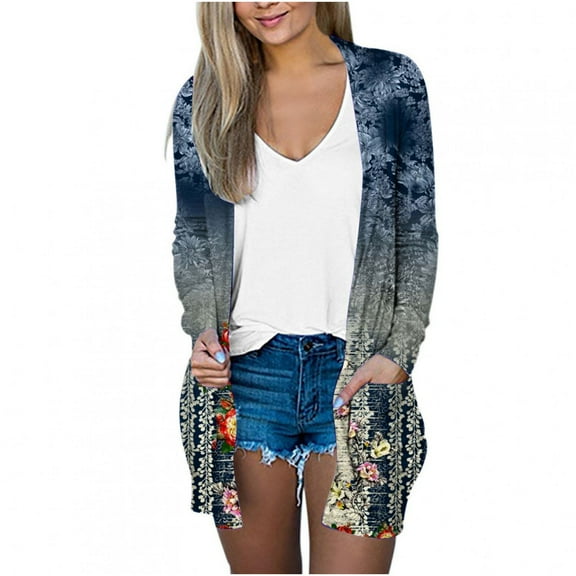 Herrnalise Womens 2024 Fashion Casual Open Front Printed Cardigans Sweaters Thin Coats Jackets Outerwear Long Sleeve Floral Prints Coats Navy,XL