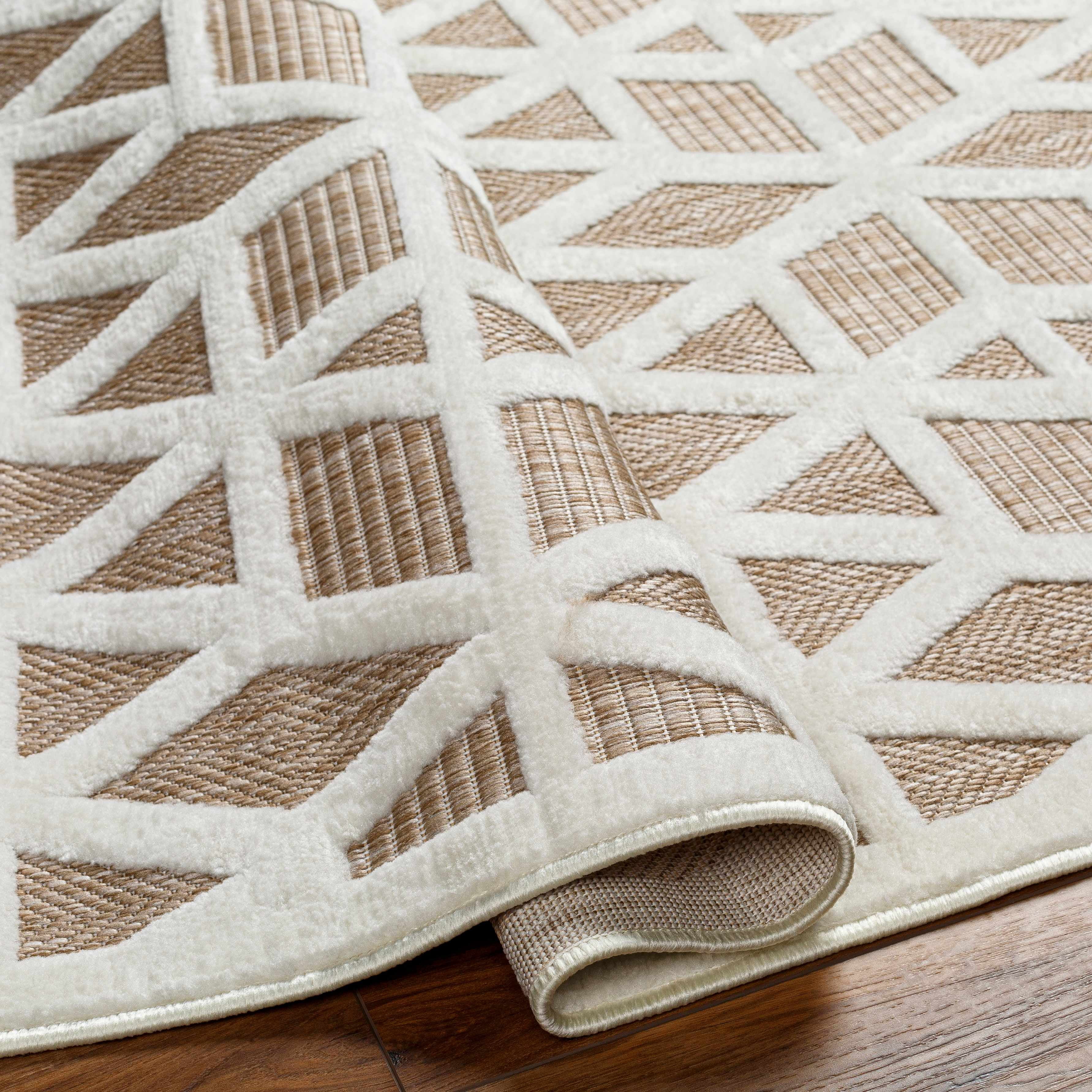 Hauteloom Nuri Outdoor Area Rug - Outside Porch Patio Rug Carpet - Waterproof Rug - Moroccan Farmhouse High Low - Brown, Cream, Beige - 6'7" x 9'