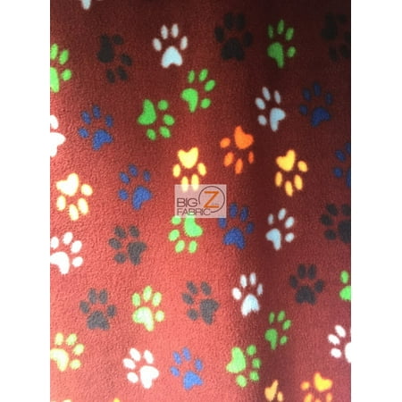 Paw Print Polar Fleece Fabric / Burgundy/Multi Color / Sold By The Yard
