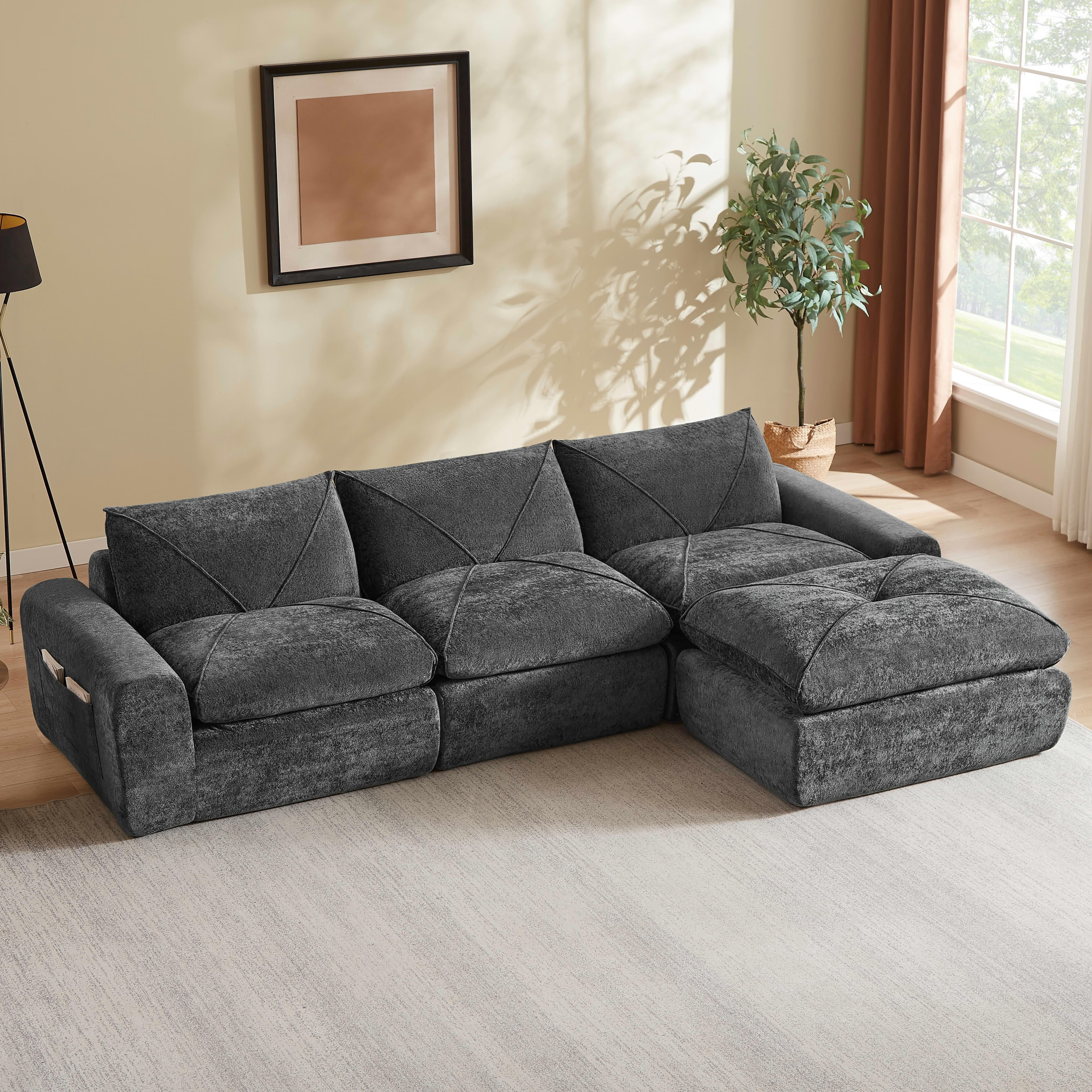 MAYEERTY 119" Dark Gray Chenille L-Shaped Modular Sectional Sofa, Spring Support for Living Room Apartment