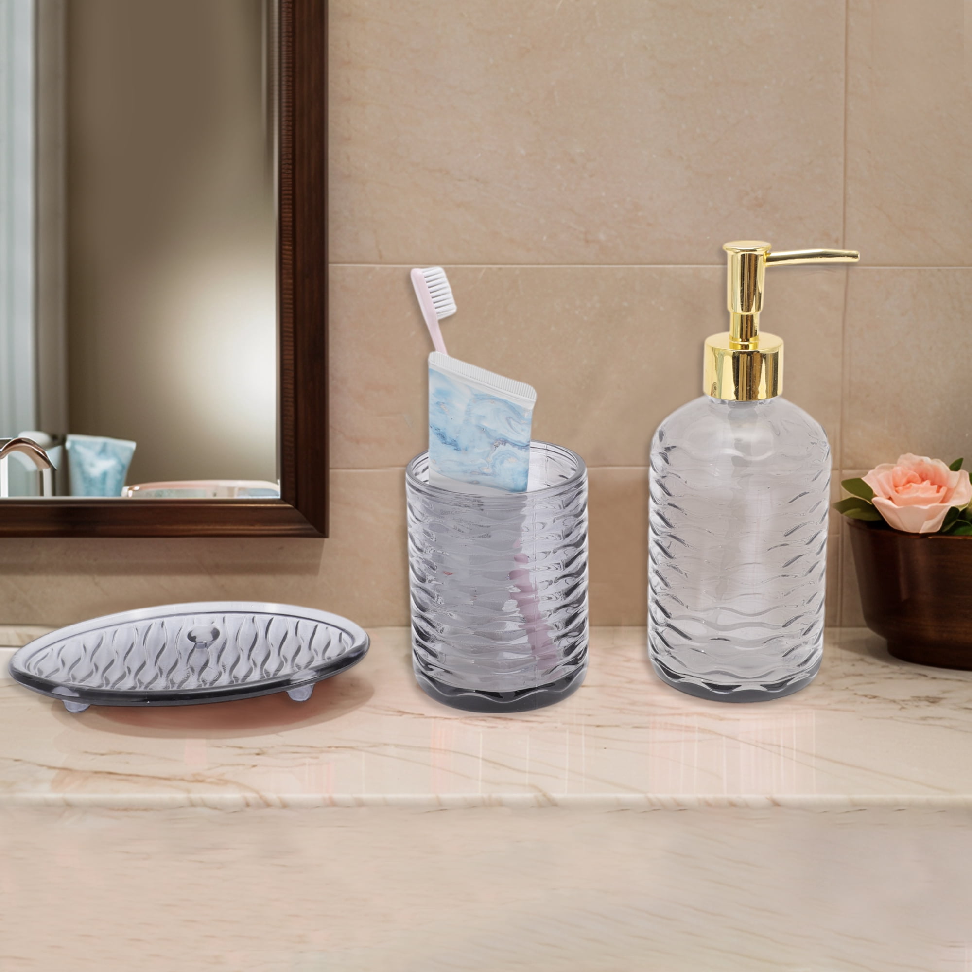 Unique Bargains 3 Pcs Reusable Waves Bathroom Accessories Kit Black