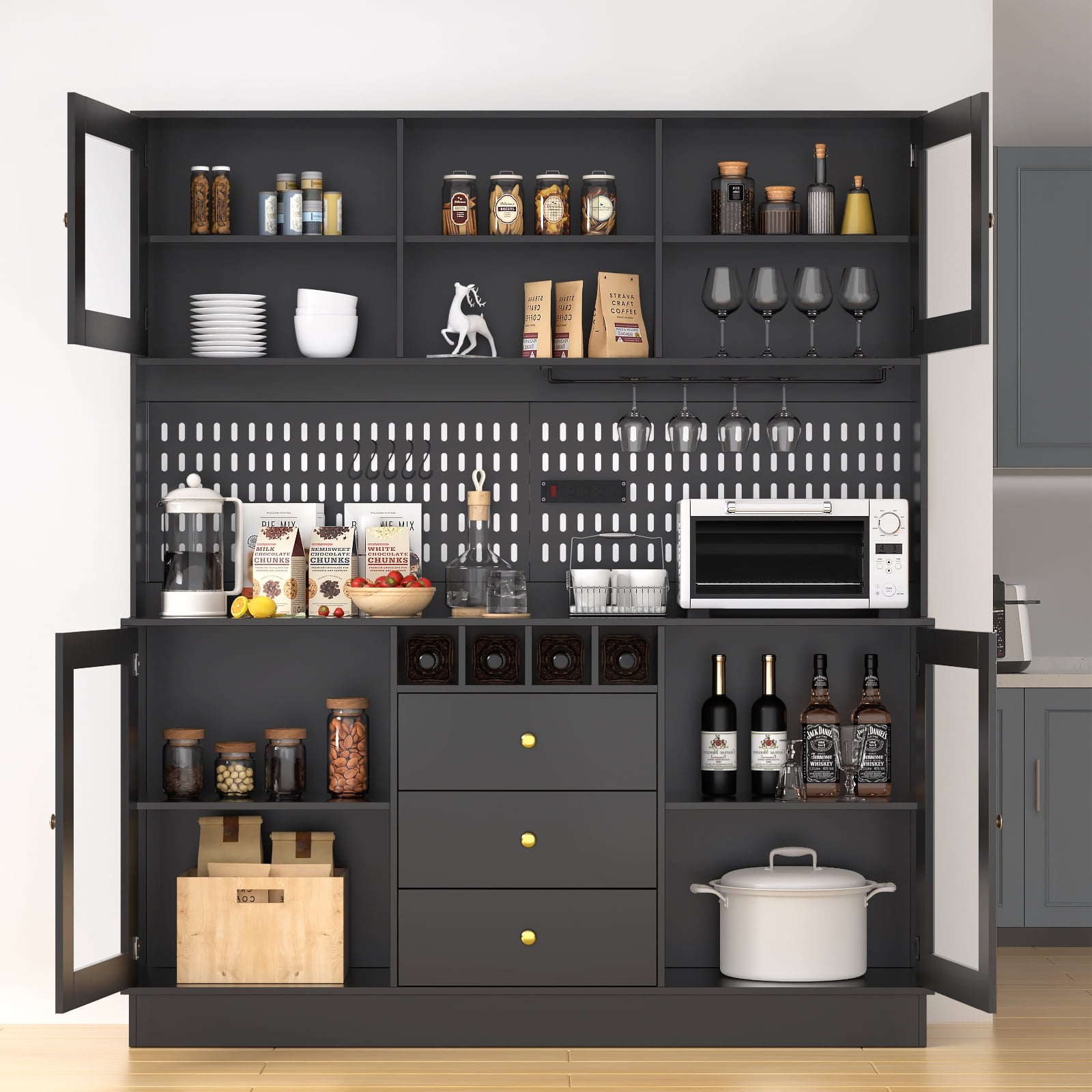 RichYa Kitchen Pantry 63" Spacious Countertop Hutch Cabinet with 3 Drawers Wine Bottle Rack Cup Holder & Power Strip Black