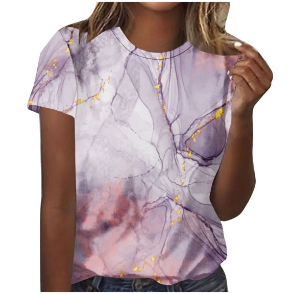 ICHUANYI Womens T-shirt Crew Neck Short Sleeve Tops Casual Loose Colorful Stylish Print Shirts Fashion Clothing