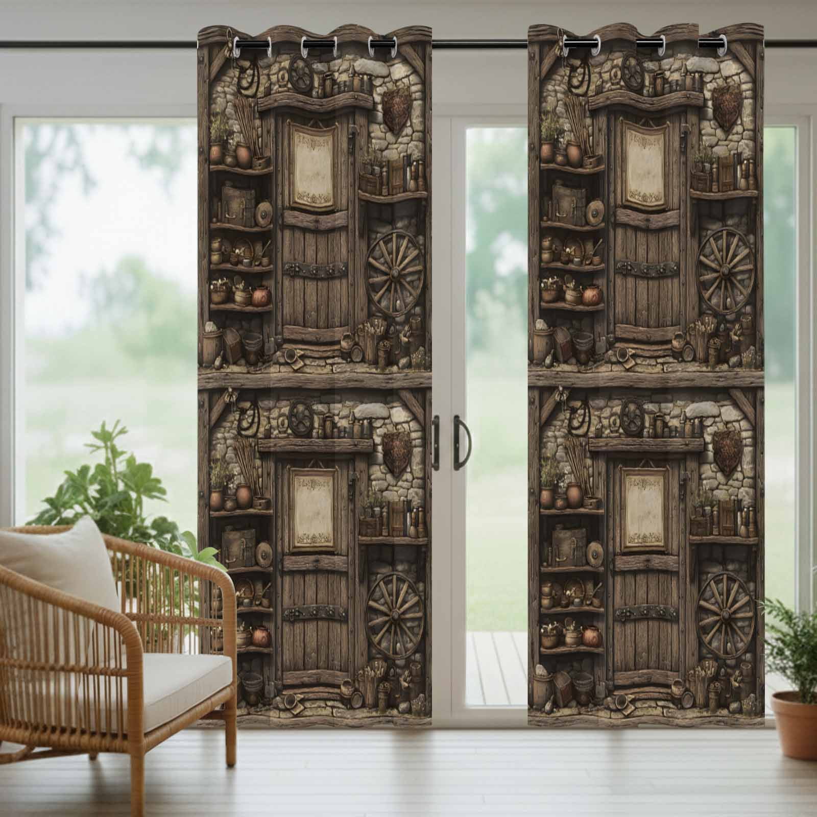 Outdoor Curtains for Patio Waterproof, Farmhouse Wooden Windproof Pravicy Outside Porch Blackout Curtain, Old Vintage Antique Time Cottage Scene Sun Blocking Grommets Curtains for Cabana 54"x108"