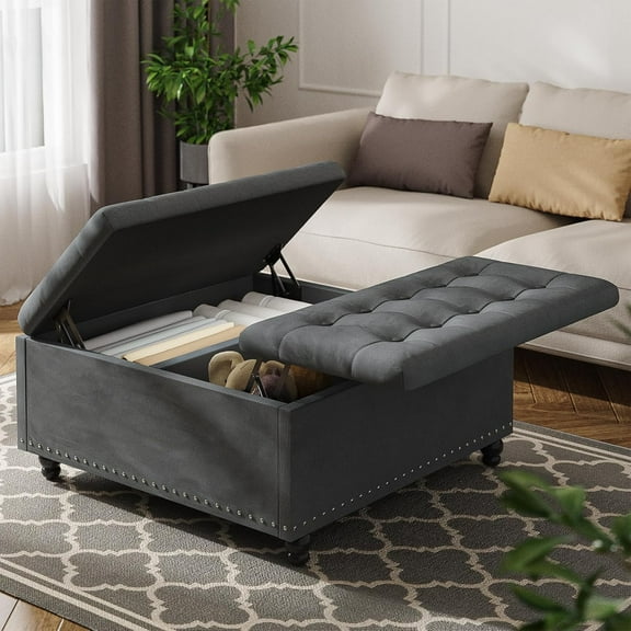 ZDTL 35 Inch Large Square Ottoman with Storage, Oversized Ottoman Coffee Table with Lift Top and Wood Legs, Tufted Upholstered Storage Ottoman Bench for Living Room (Gray)