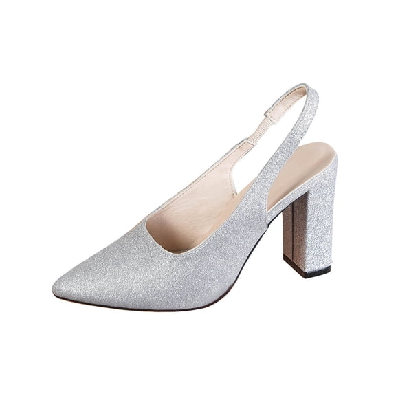 KEGIRLOM Women's Fashionable Casual Comfortable Plus Size Solid Color Rhinestone Sequined Pointed Toe Heel High Heels Silver 6
