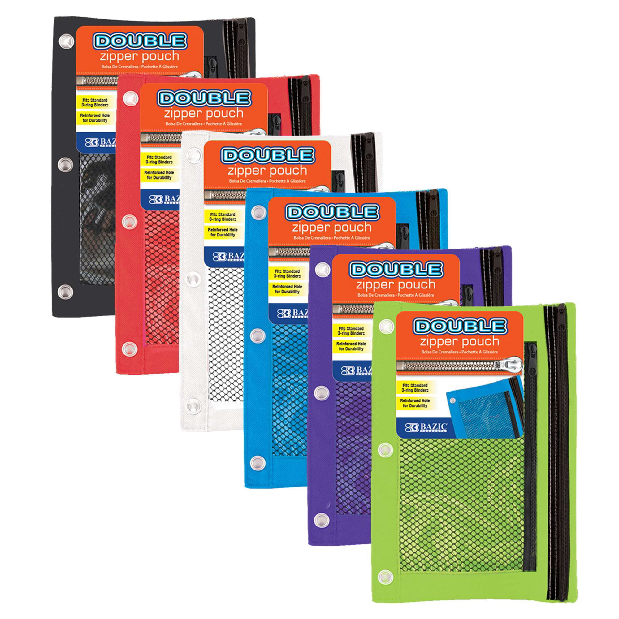 Emraw 2 Random Pack Double Pocket Zippered Trendsetters Pencil Pouches with 3-Ring Grommet Holes & Quick View Mesh Pocket 4 Different Styles