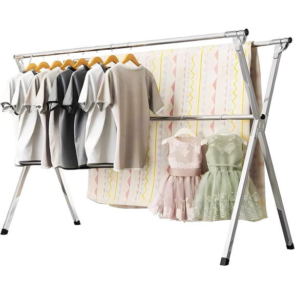 63 Inch Heavy Duty Stainless Steel Folding Clothes Drying Rack with 20 Windproof Hooks