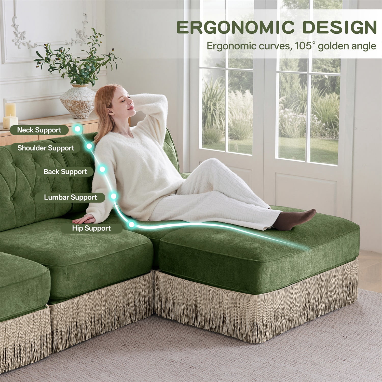 Hommoo 4-Seater Chesterfield Style Velvet Fabric L-Shaped Sectional Sofa, Tufted Button Upholstered Design and Floor-grazing Tassel, Free Combination Sofa Couch Set, for Home, Green