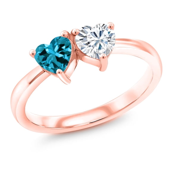 Gem Stone King 18K Rose Gold Plated Silver Fashion Right-Hand Ring Set with Heart Shape London Blue Topaz and Moissanite (1.05 Cttw, Size 5)