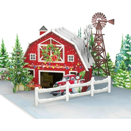 Bybiment Farmhouse Christmas Card, 3D Country Christmas Card, 6x8 in Red Barn Popup Holiday Greeting For Friends, , Mom, Dad, Adults With Enve