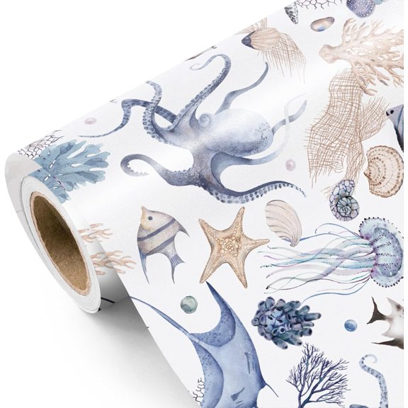 Ocean Wrapping Paper Roll - Mini Roll - 17 Inch x 9.8 Feet - Octopuses Fish Design for Boys Girls Kids Birthday, Baby Shower