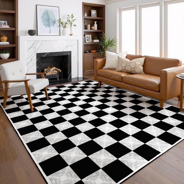 Washable Checke Rug x, Non-Slip Low Pile Area Rug for Living Room, Bedroom, Nursery, Modern Neutral Farmhouse Checkerboard Carpet, Pet & Kid Friendly