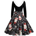 thumbnail image 3 of CEHVOM Robe Évasée pour Femmes Manches Longues Imprimé de Noël Patchwork en Fourrure Col en V Robe Rétro, 3 of 6