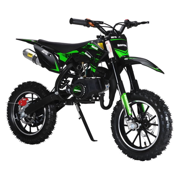 Xnigf 49cc 2-Stroke Dirt Bike, Off-Road Motorcycle with Dual Disc Brakes, Gas Powered, 10-Inch Tires, 25 MPH, 330 LBS Capacity, Green