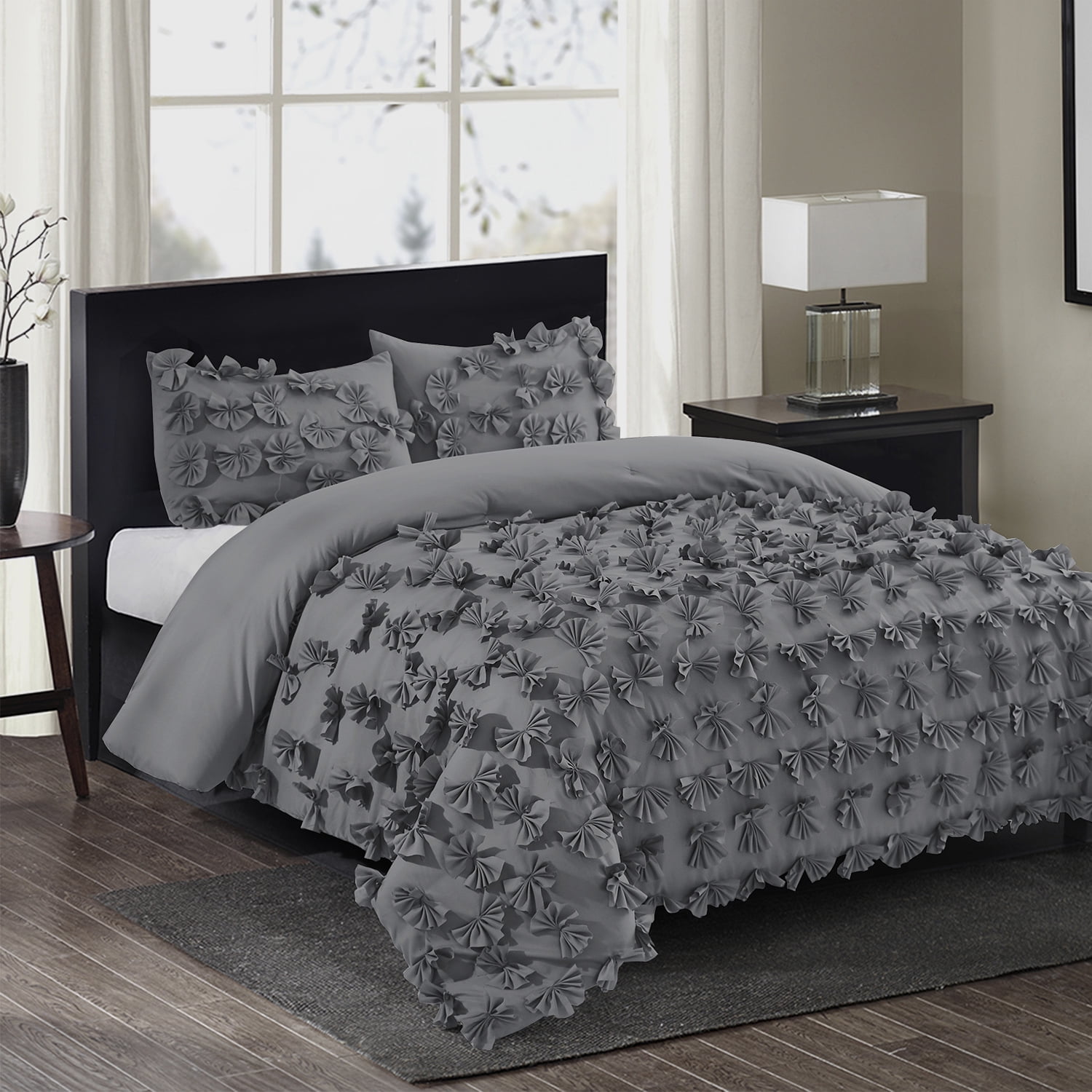 3 Piece Romantic Gray Comforter Set, Premium Microfiber, Queen