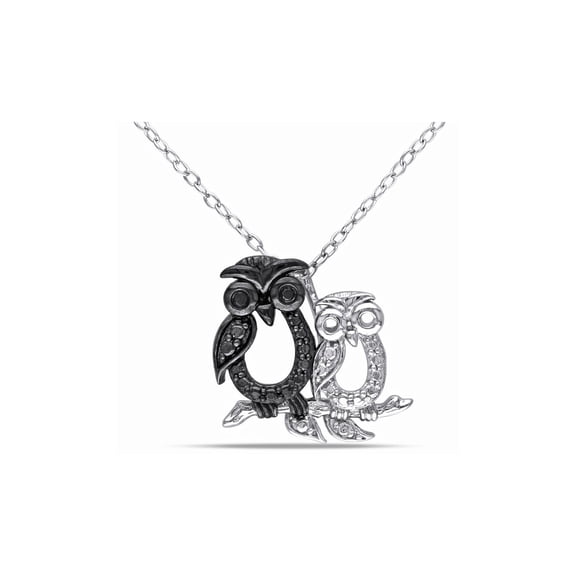 Black Accent Diamond Double Owl Charm Pendant Necklace in Sterling Silver with Chain for Women