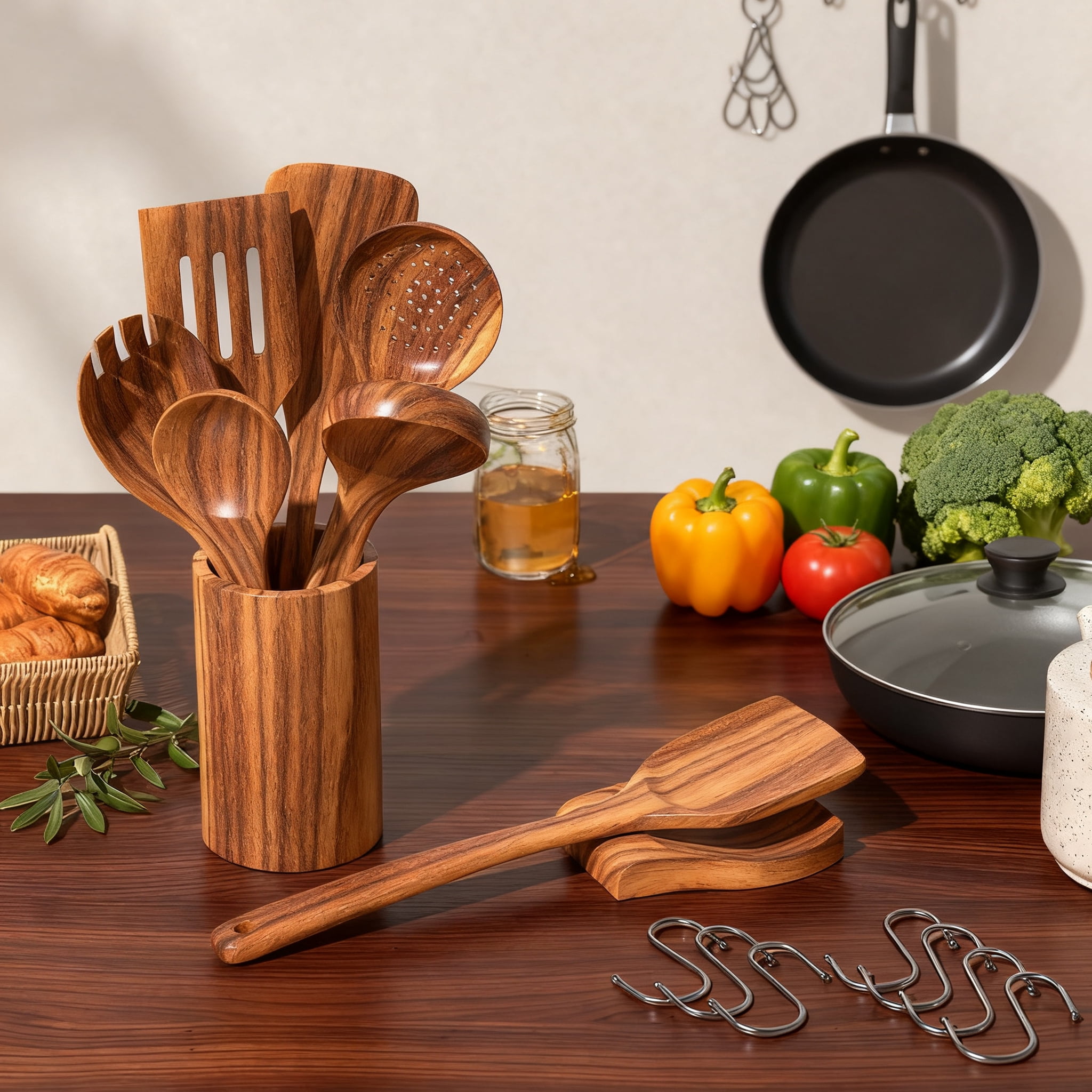 9-Piece Wooden Cooking Utensils  for Cooking – Wooden Spoons and Spatulas Teak Wood Kitchen Utensils Set, Holder, Spoon Rest, Hooks, Heat Resistant for Nonstick Cookware BPA FREE