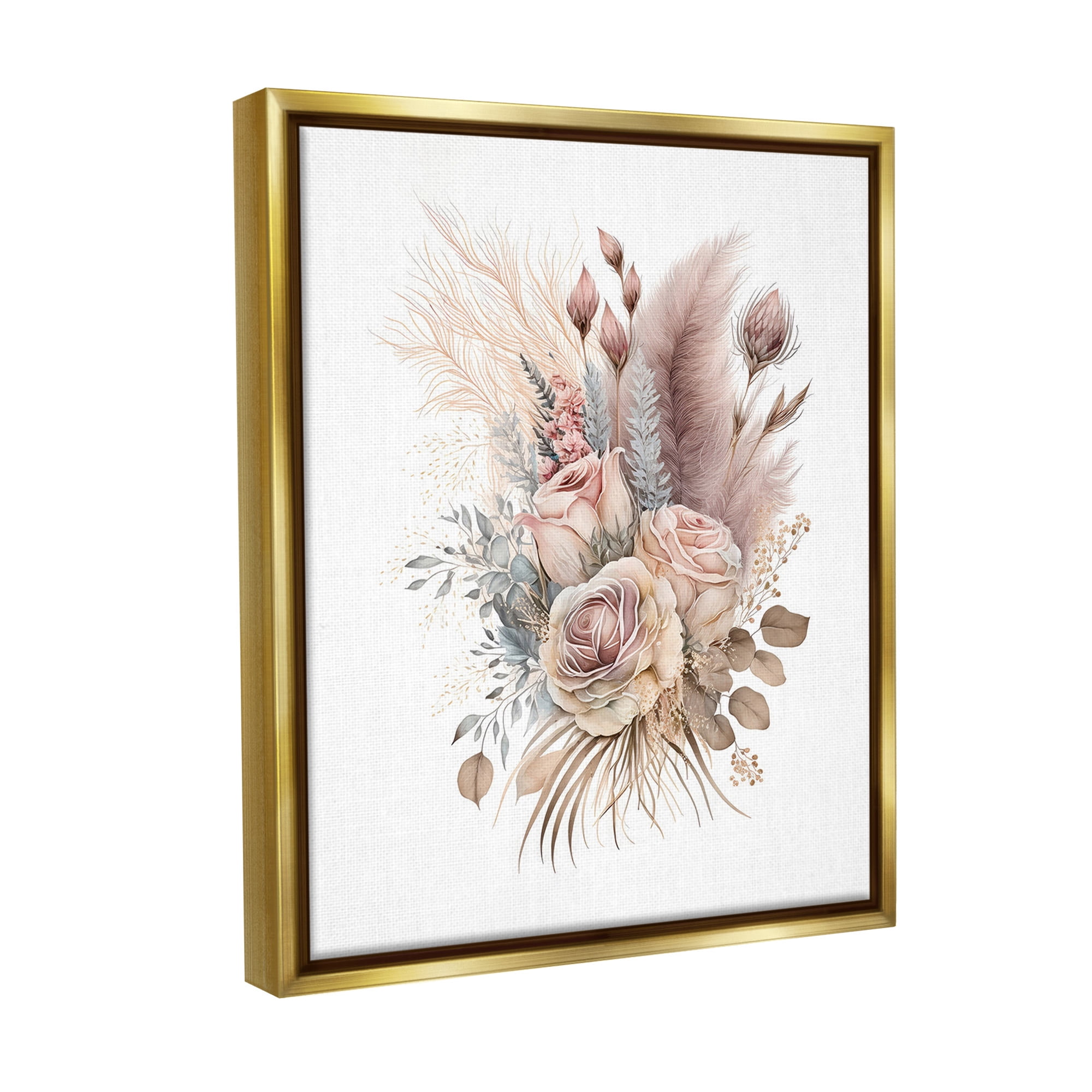 Stupell Industries Boho Neutral Roses Botanical & Floral Painting Gold Floater Framed Canvas Art Print Wall Art, 17 x 21
