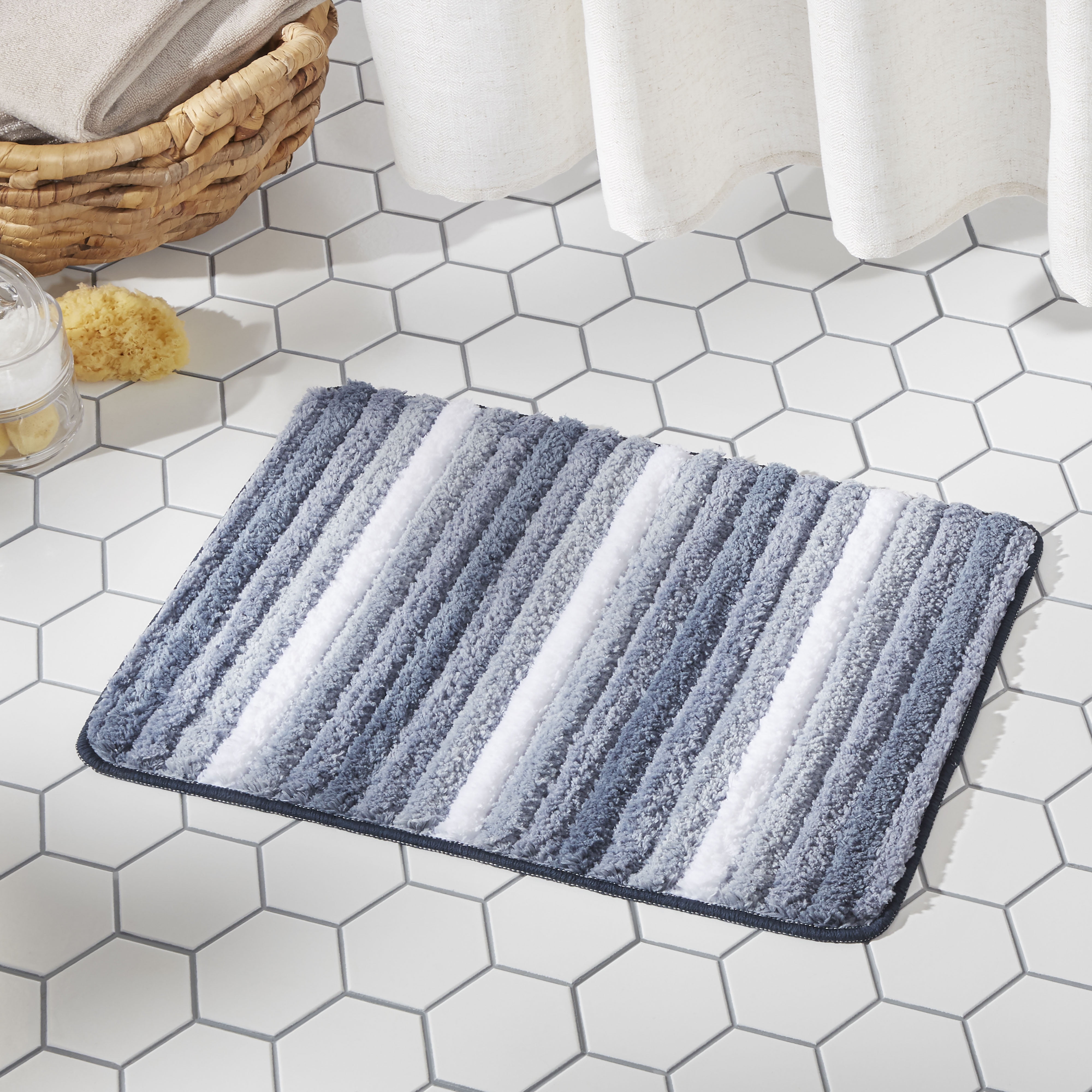 Sohome Chino Striped Machine Washable Bath Mat, Navy Blue/White, 27"x48"