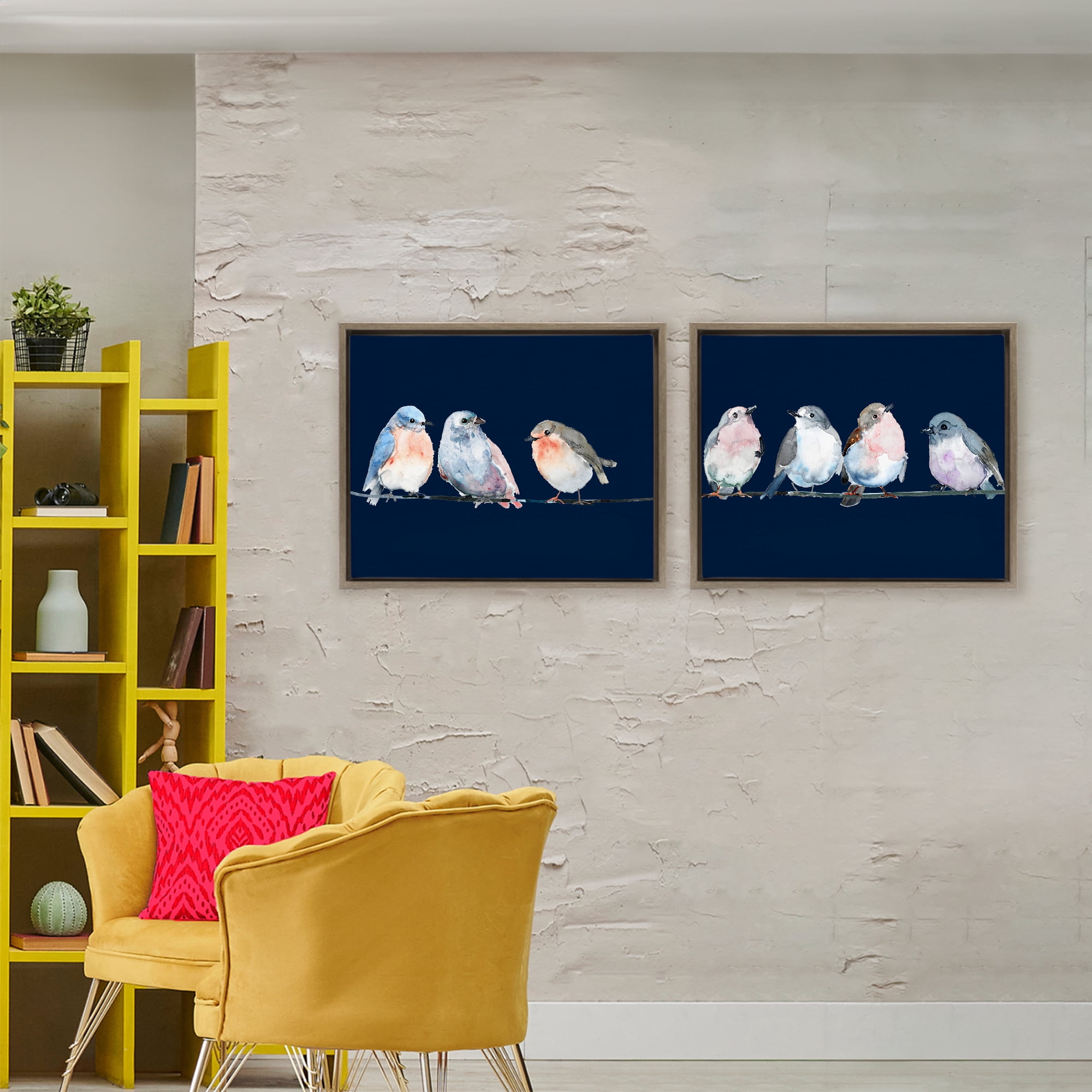 Stupell Industries Perched Navy Toned Birds 2 Piece Brown Framed Floater Canvas Set, design by Lorenzo Collective