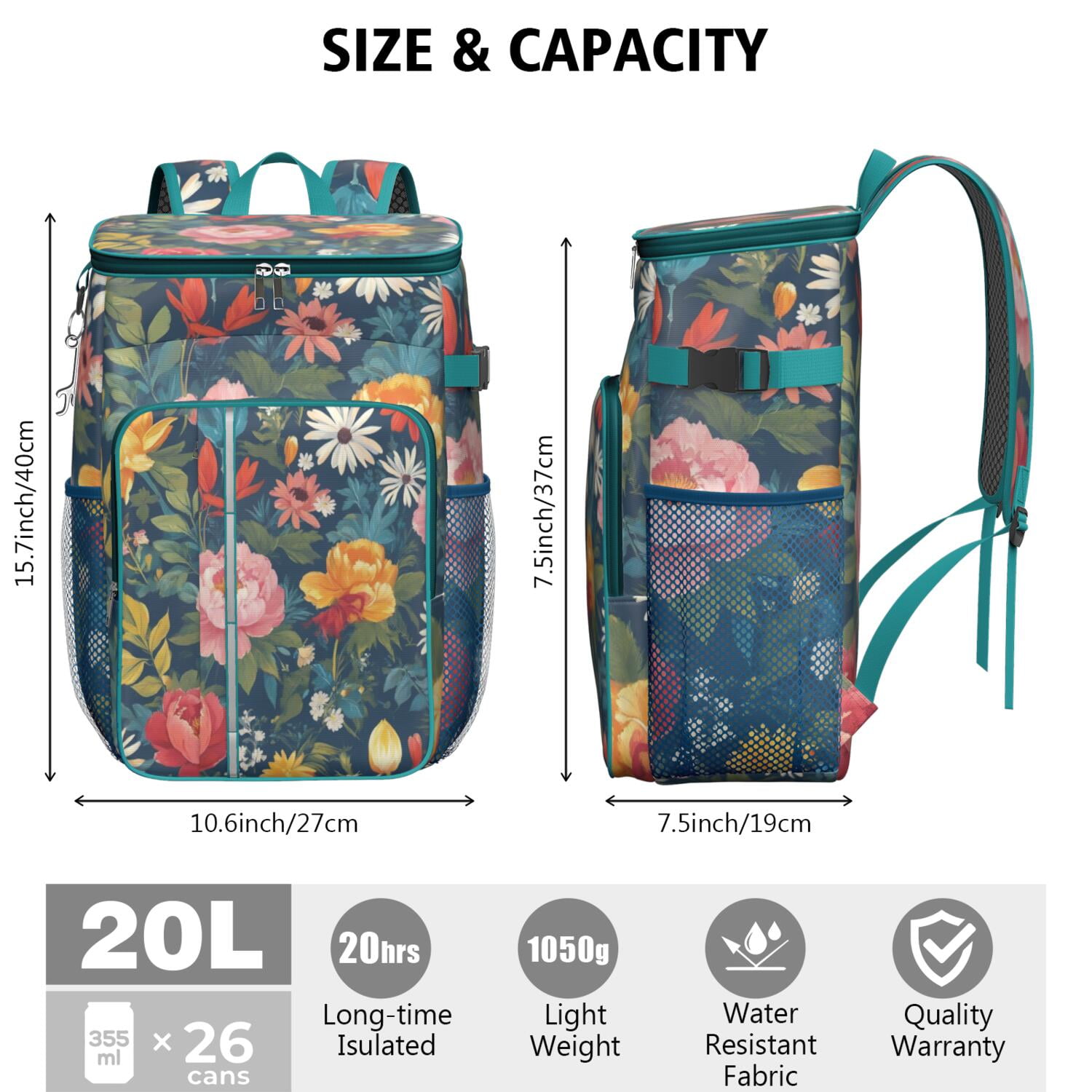 Travel Cooler Bag - Pioneer Flower Floral Print Pattern Camping Beer Cooler Backpack with Bottle Opener- Waterproof Insulated Picnic Backpacks - Cooler Bag for Beach