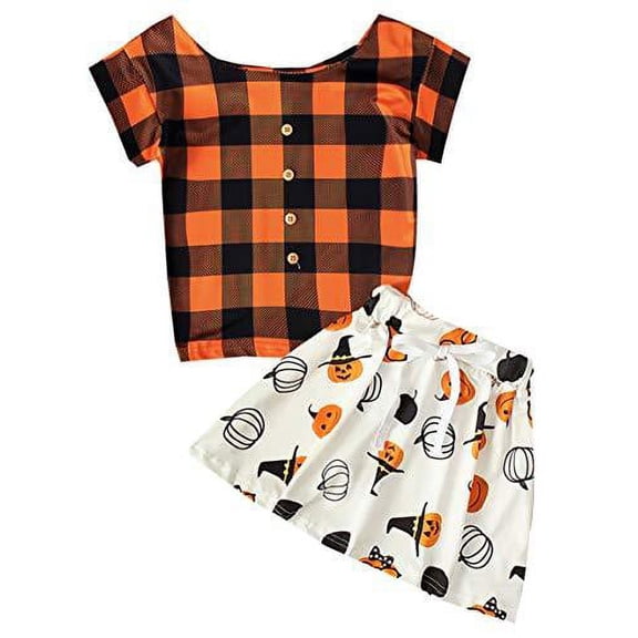 StylesILove Baby Girls Orange Buffalo Check Short Sleeve Top with Pumpkin Skirt 2pcs Halloween Outfit