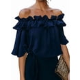thumbnail image 2 of Women's Off Shoulder Ruffle Trendy Short Sleeve Blouse Casual Outfits Layered Tops L, 2 of 6