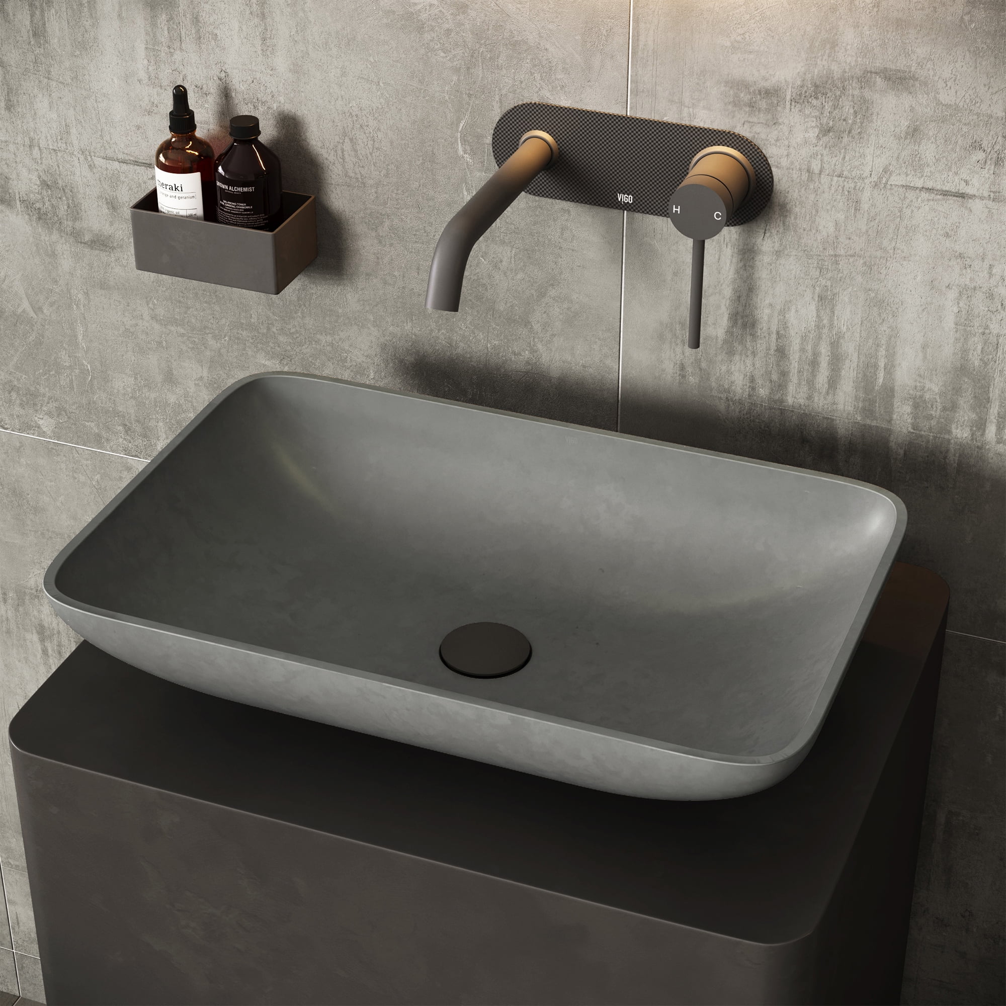 VIGO Lorca Gothic Gray Concreto Stone 22 in. L x 15 in. W x 5 in. H Rectangular Vessel Bathroom Sink