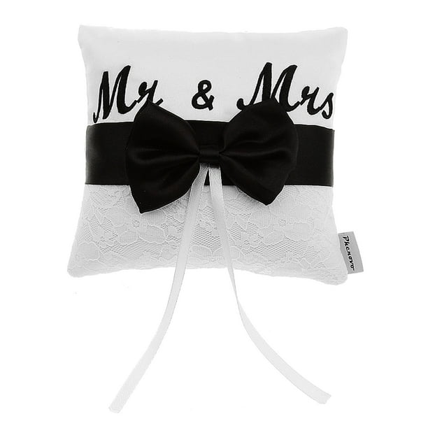 Cojín de Almohada de Portador de Boda Blanco Elegante Decoración de Lazo Negro Yuyangstore Almohada de satén para anillo de bodas