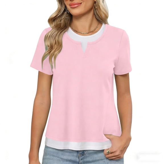 Oplxuo Womens Tops Casual Crewneck Color Block Short Sleeve Mock Double Layer T-Shirt Summer Outfits for Women 2026