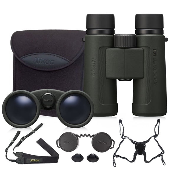 Nikon PROSTAFF P3 10x42 Binocular | Waterproof, fogproof, Rubber-Armored Full-Size Binocular Bundle With ProStaff Suspender Harness Binocular Strap Cleaning kit Floating Strap