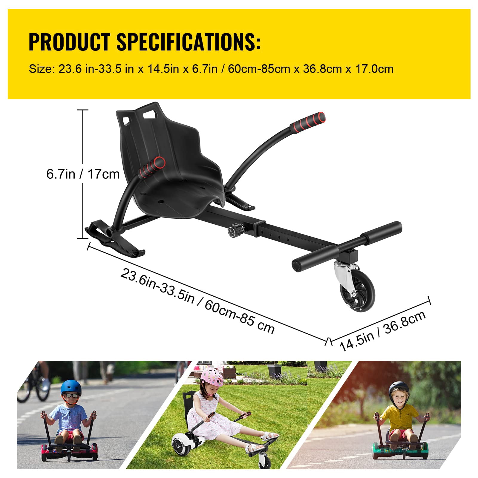 KFFKFF Hoverkart Seat Kit for 6.5'' 8'' 10'' Balance Scooters, Convertible Go-Kart with LED Lights for Children and Adults, Black, with Adjustable Frame