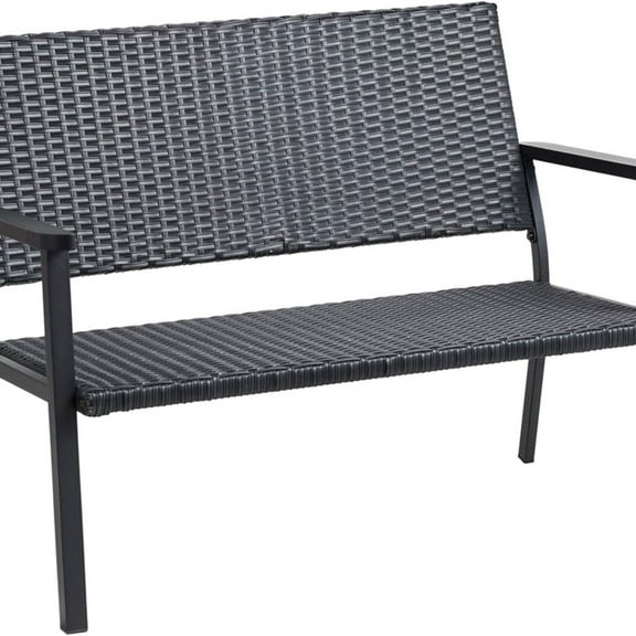 Outdoor Loveseat Bench Chair for Outside Patio Porch, Metal Frame, Black All Weather Wicker