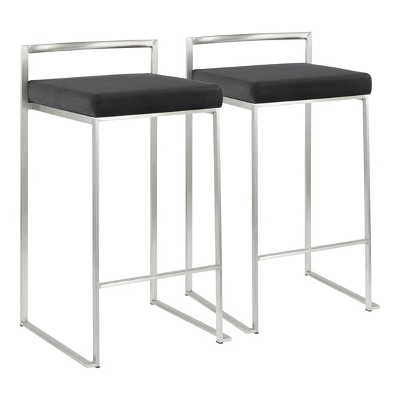 Fuji Contemporary Stackable Counter Stool in Stainless Steel with Black Velvet Cushion by LumiSource - Set of 2