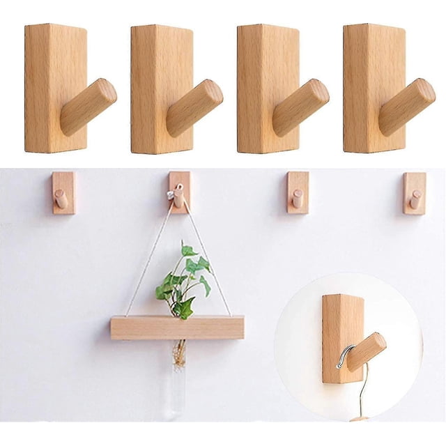 4pcs Natural Wooden Coat Hooks, Wood Wall Hooks, Adhesive Hooks Hat Hook, Rectangle Beech (q)
