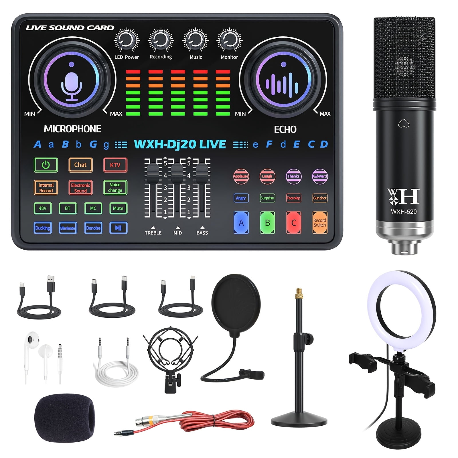 WXH520 Podcast Microphone With Voice Changer, DJ20 Sound Card With Audio Interface, Podcast Equipment Bundle, Adjustable Stand, Suitable For Podcasting, PC, Smart Phone, Singing, Gaming