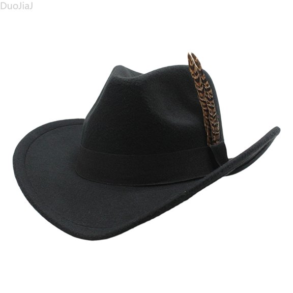 DuoJiaJ Unisex Western Cowboy Fedora, Wool Wide Brim Hat for Oktoberfest Black One Size