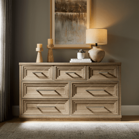 Dresser for Bedroom Wooden 7 Drawers Dresser with Metal Handles Chest of Drawers for Bedroom Living Room Entryway and Hallway Light Oak