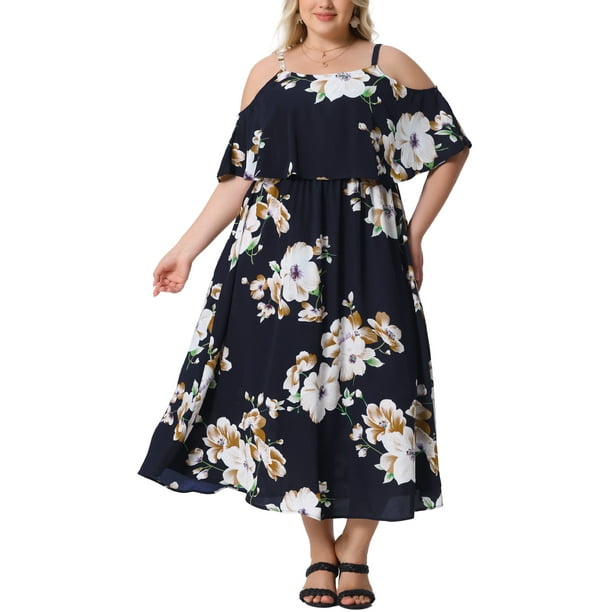 Vestido Maxi Casual de Playa con Cuello Cuadrado y Tirantes Ajustables para Mujeres de Talla Grande con Flores Agnes Orinda 3X Azul Marino